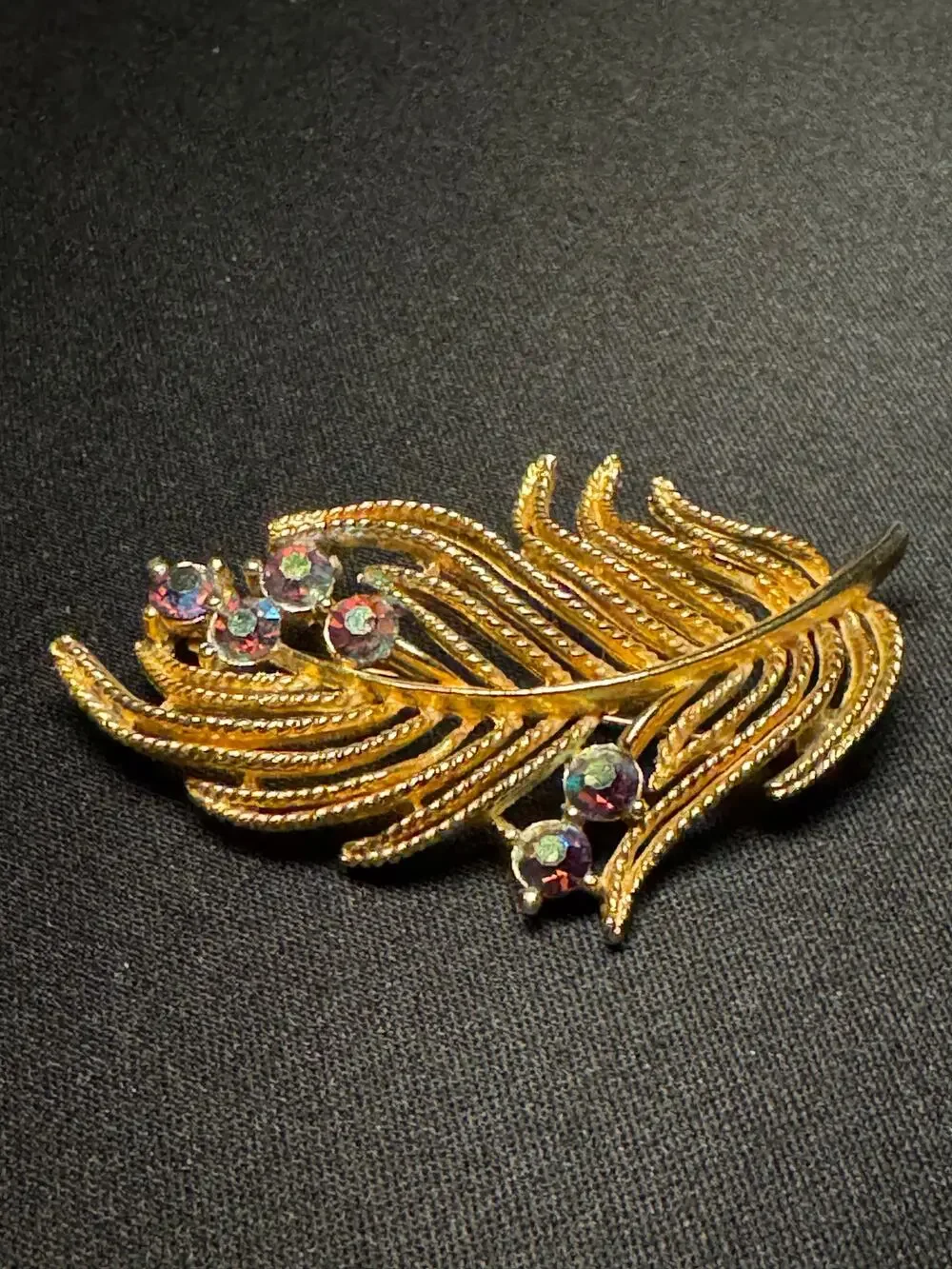 Vintage Lisner Gold Tone AB Feather Brooch